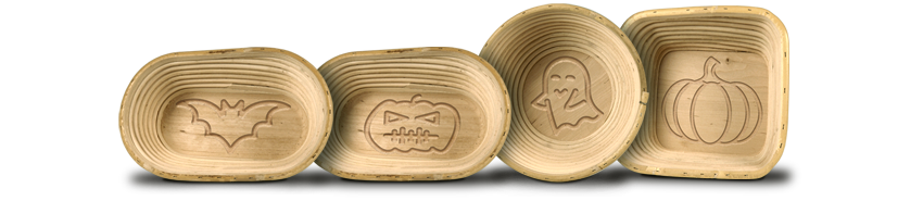 Gärkörbchen mit Halloween-Motiven wie Kürbis und Geist